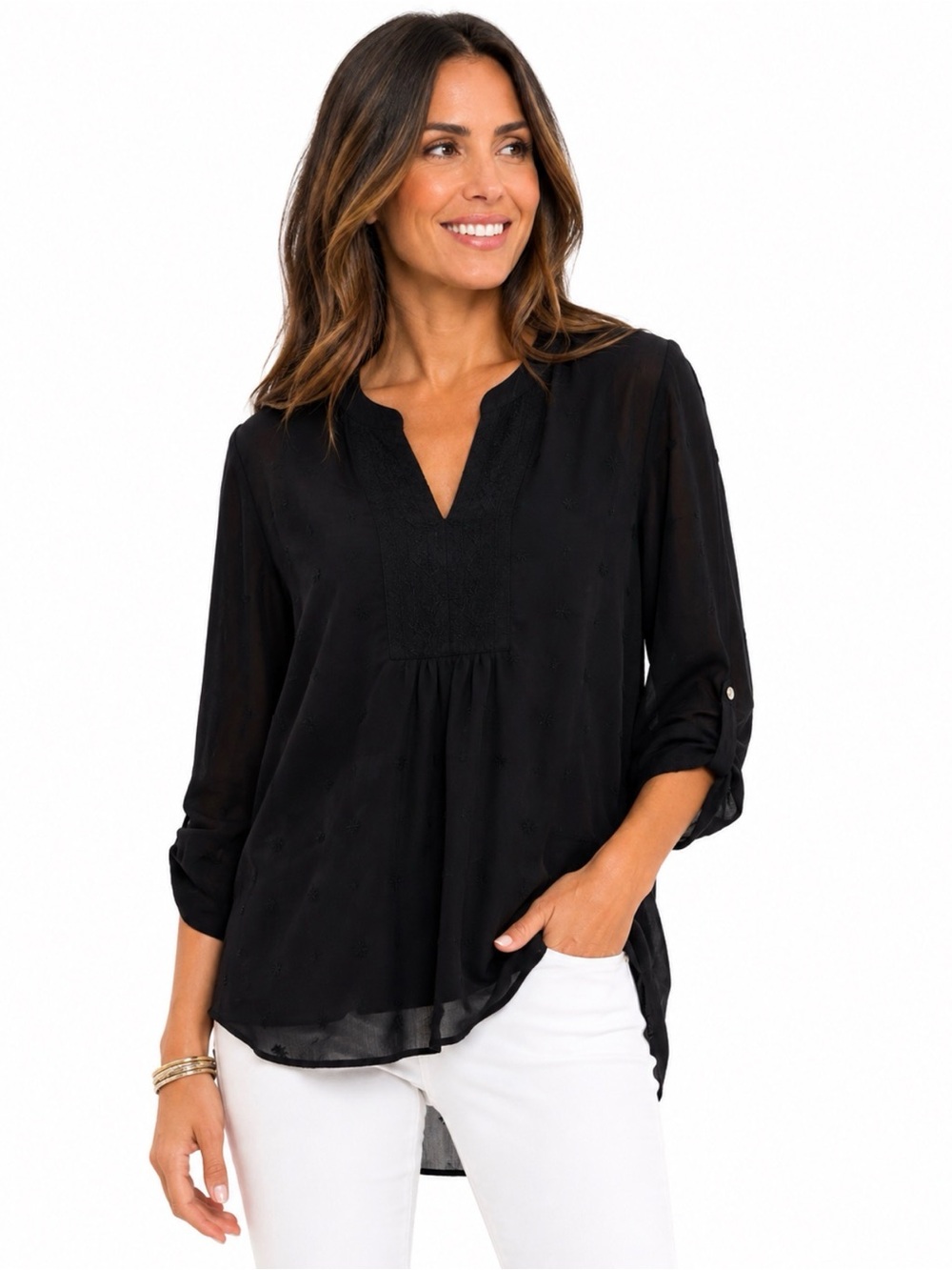 WHBM Black Embroidered Sheer Tunic Blouse Size 4 Boho V Neck Top